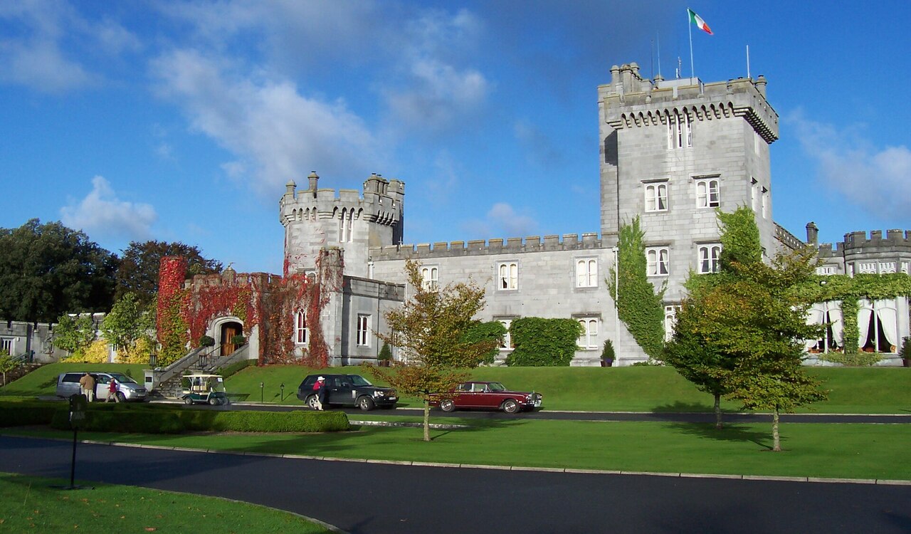 Dromoland Castle with ivy-covered walls in County Clare, Ireland.