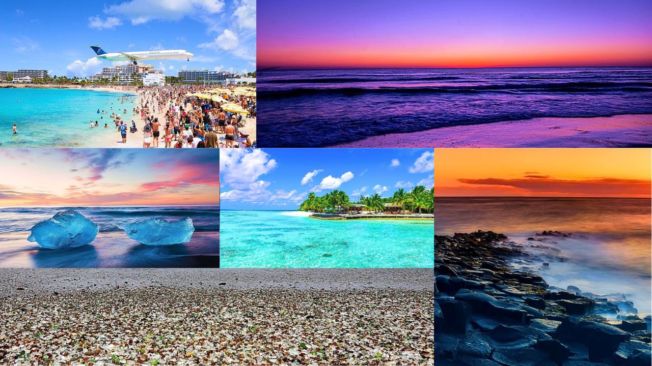 A surreal coastline with colored sand and dramatic rock formations under a vivid sky