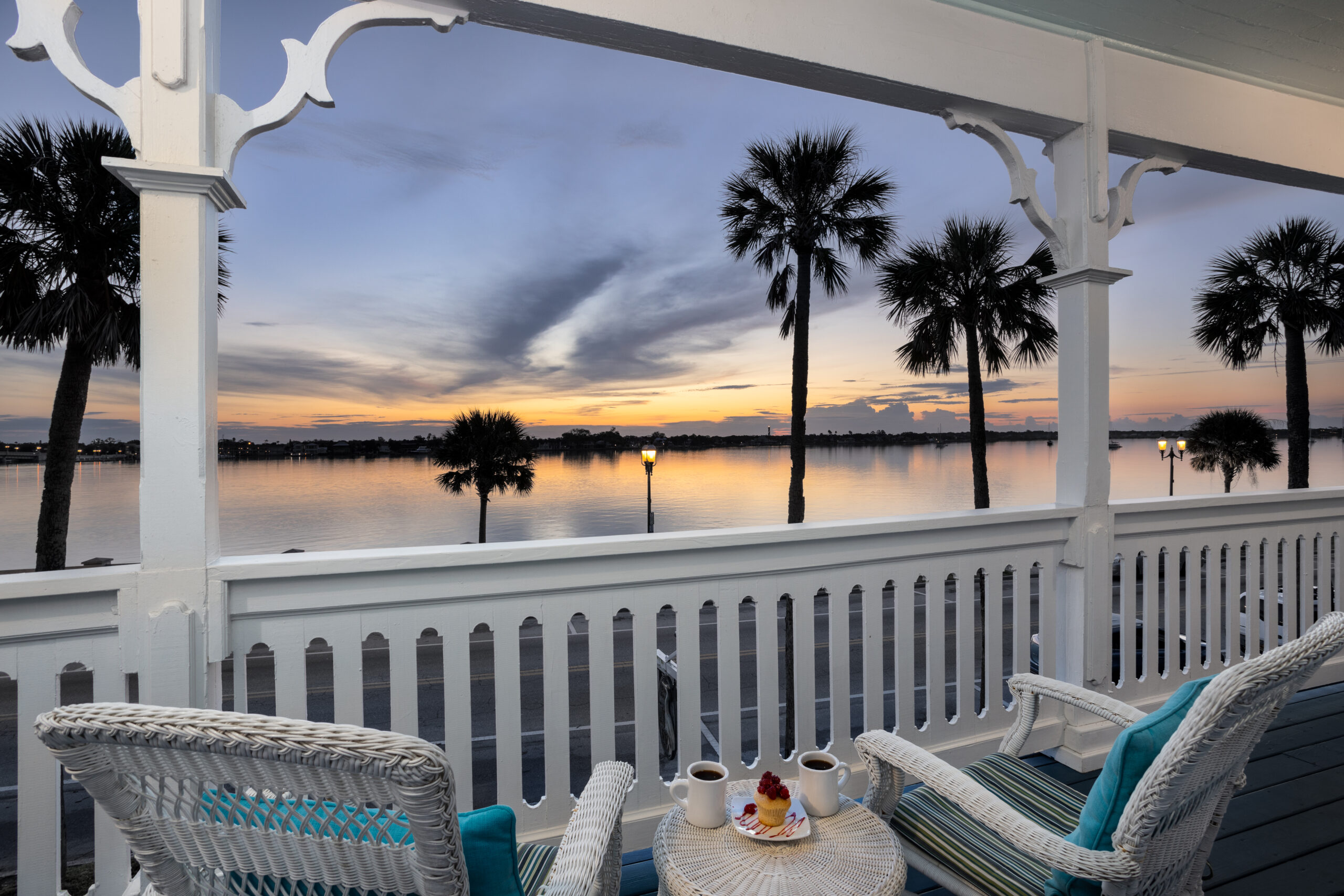 View from Bayfront Westcott House Bed & Breakfast at dusk.