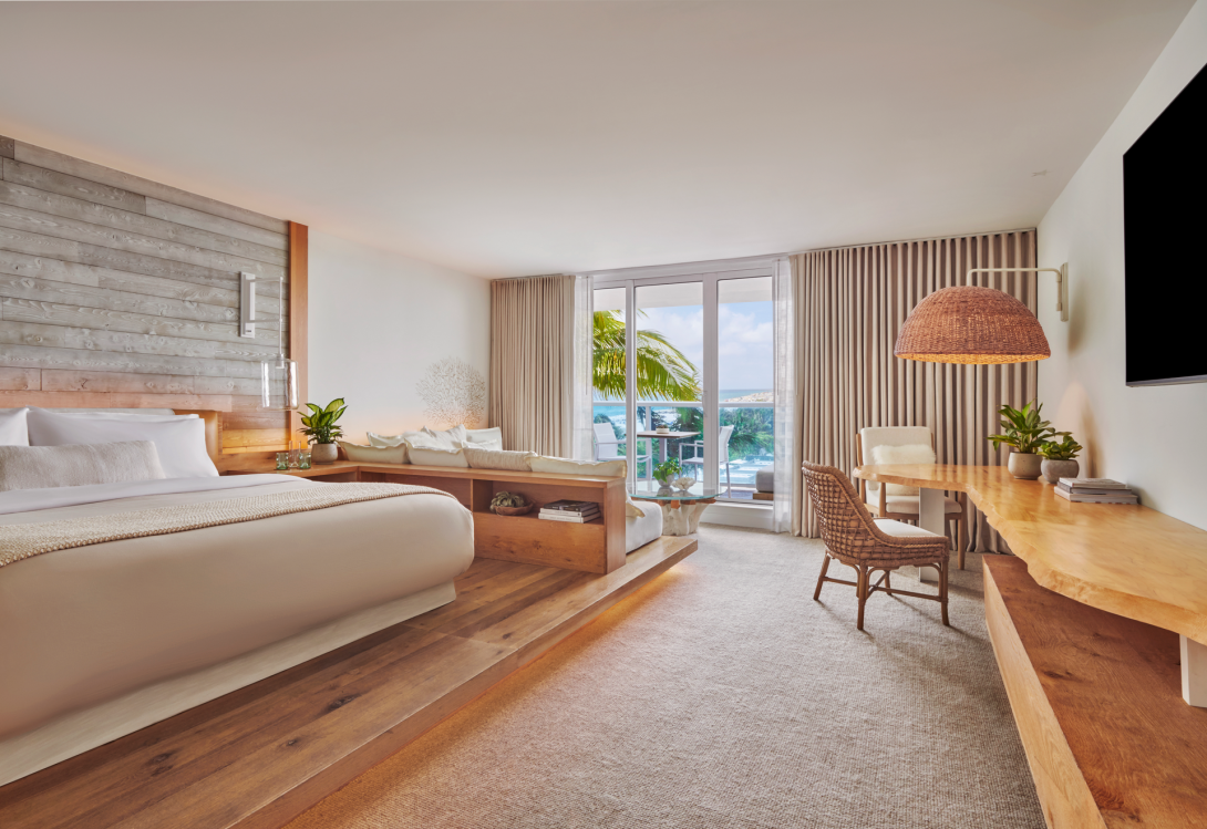 King bedroom in 1 Hotel South Beach featuring repurposed wood accents.