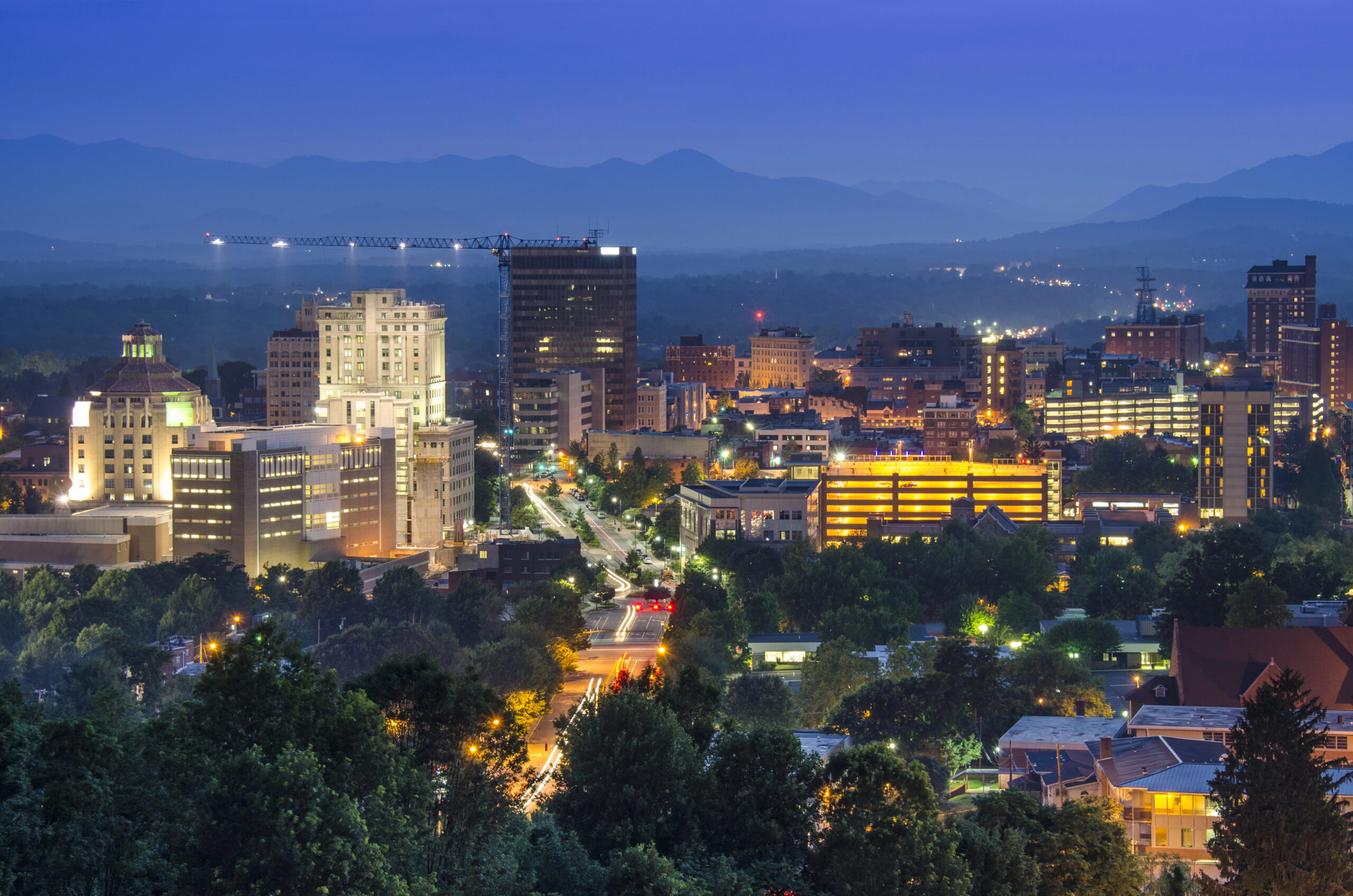 Asheville skyline at dusk.