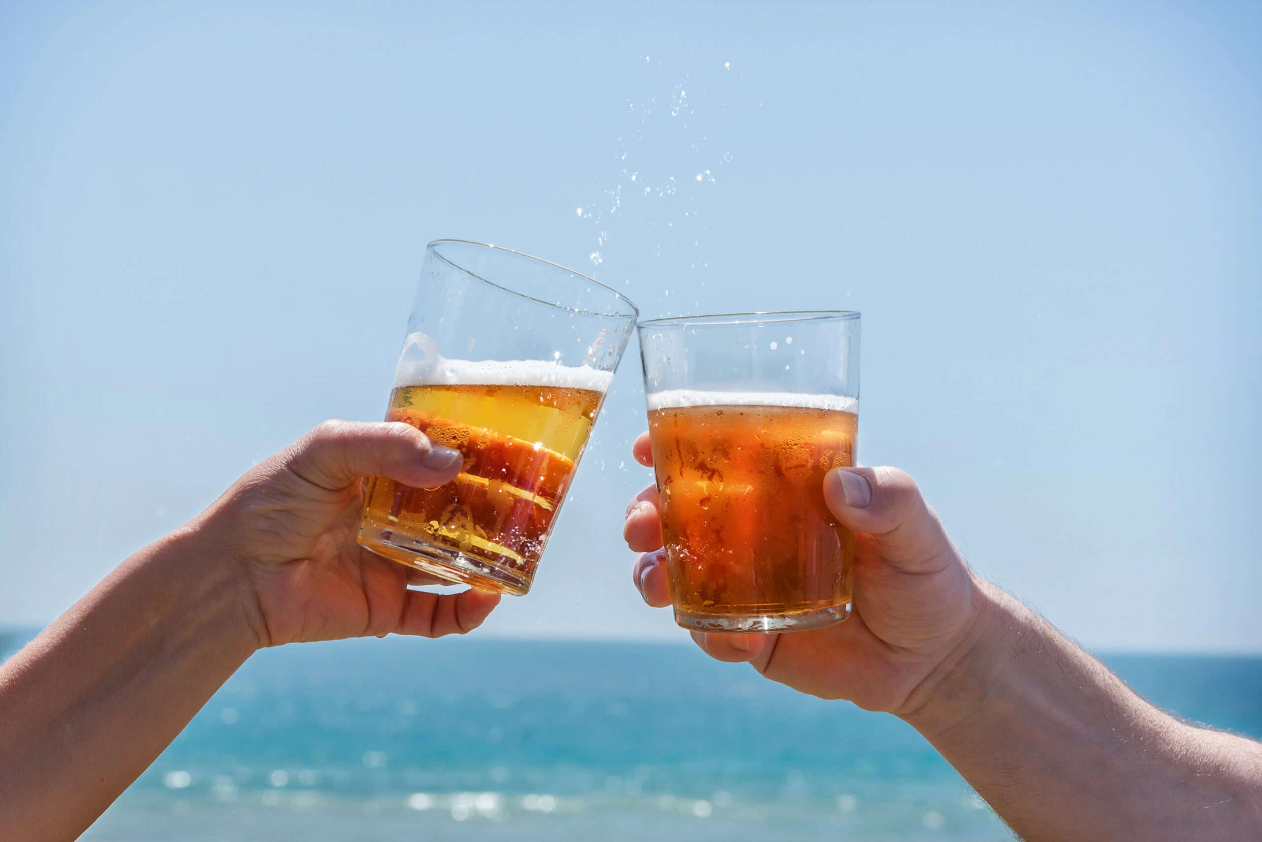 Couple toasting with glasses of beer in front of the ocean.