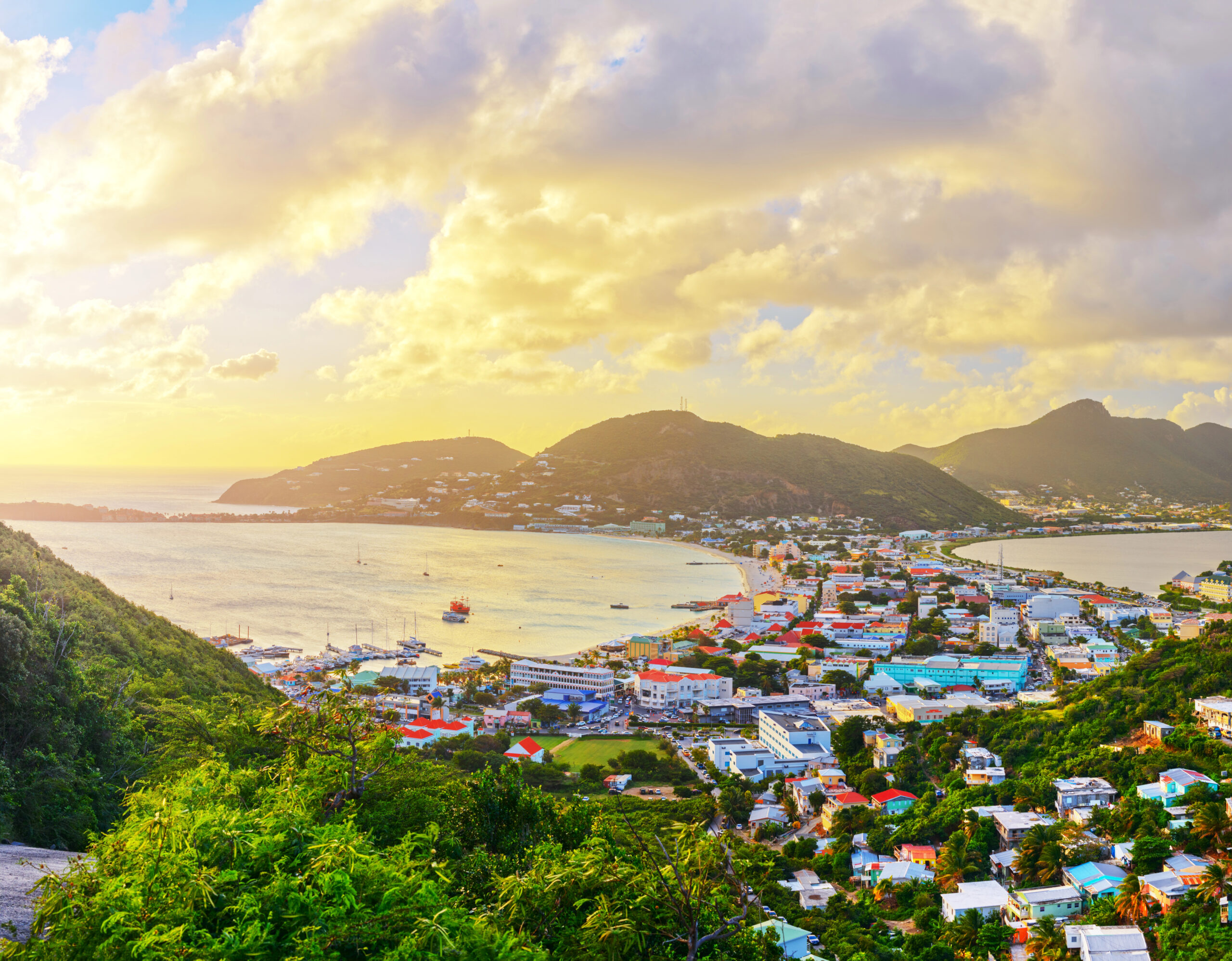 Cityscape of the Great Salt Pond St. Maarten at sunset.