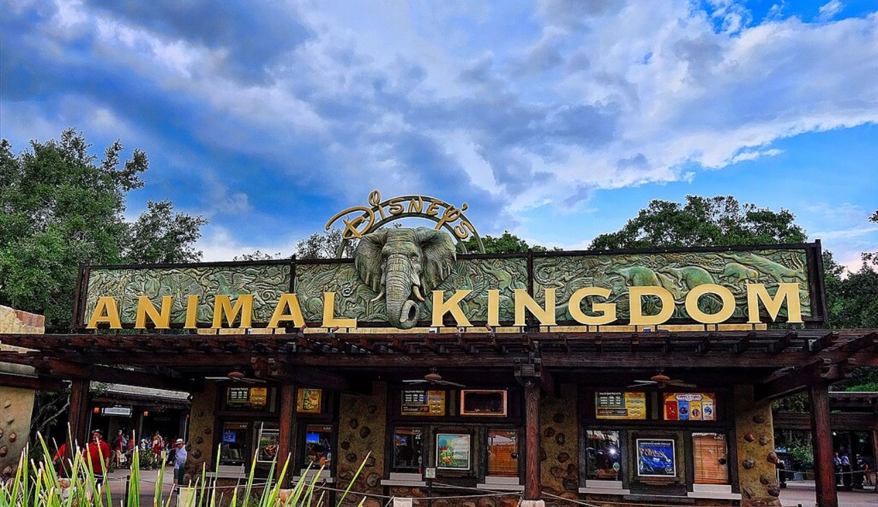 Entrance sign for Disney’s Animal Kingdom featuring an elephant and nature-themed carvings under a cloudy blue sky.