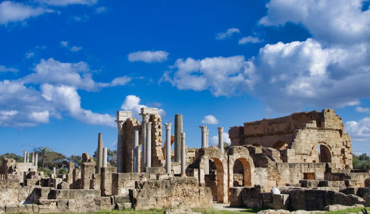 Leptis Magna, Libya – Majestic Roman ruins under a brilliant blue sky.