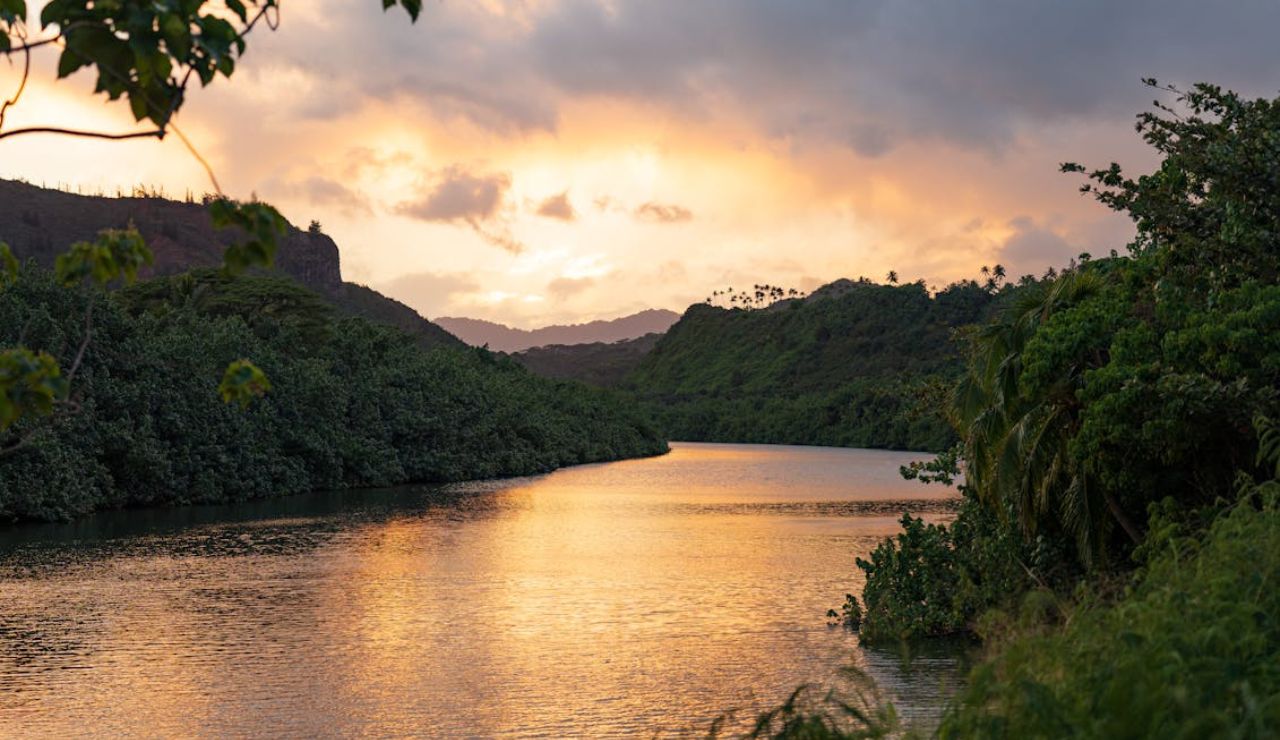 Wailua River, Kauai – a golden sunset over lush Hawaiian greenery.