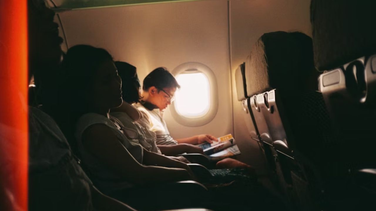 Passengers resting and reading beside a window on an airplane.