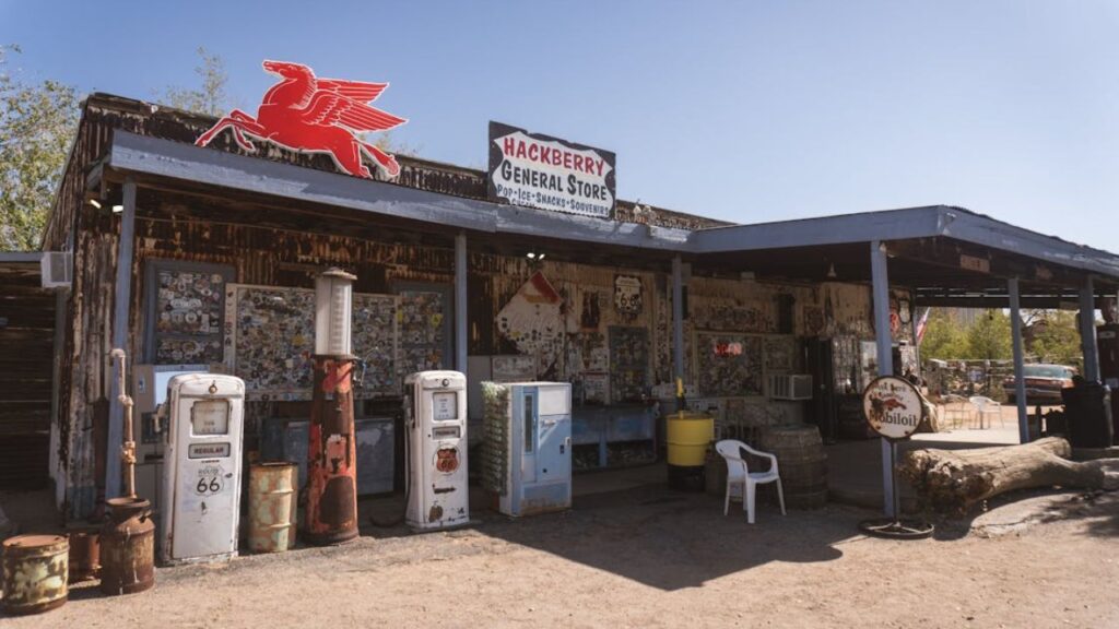 Vintage gas pumps and signs outside Hackberry General Store on Route 66.