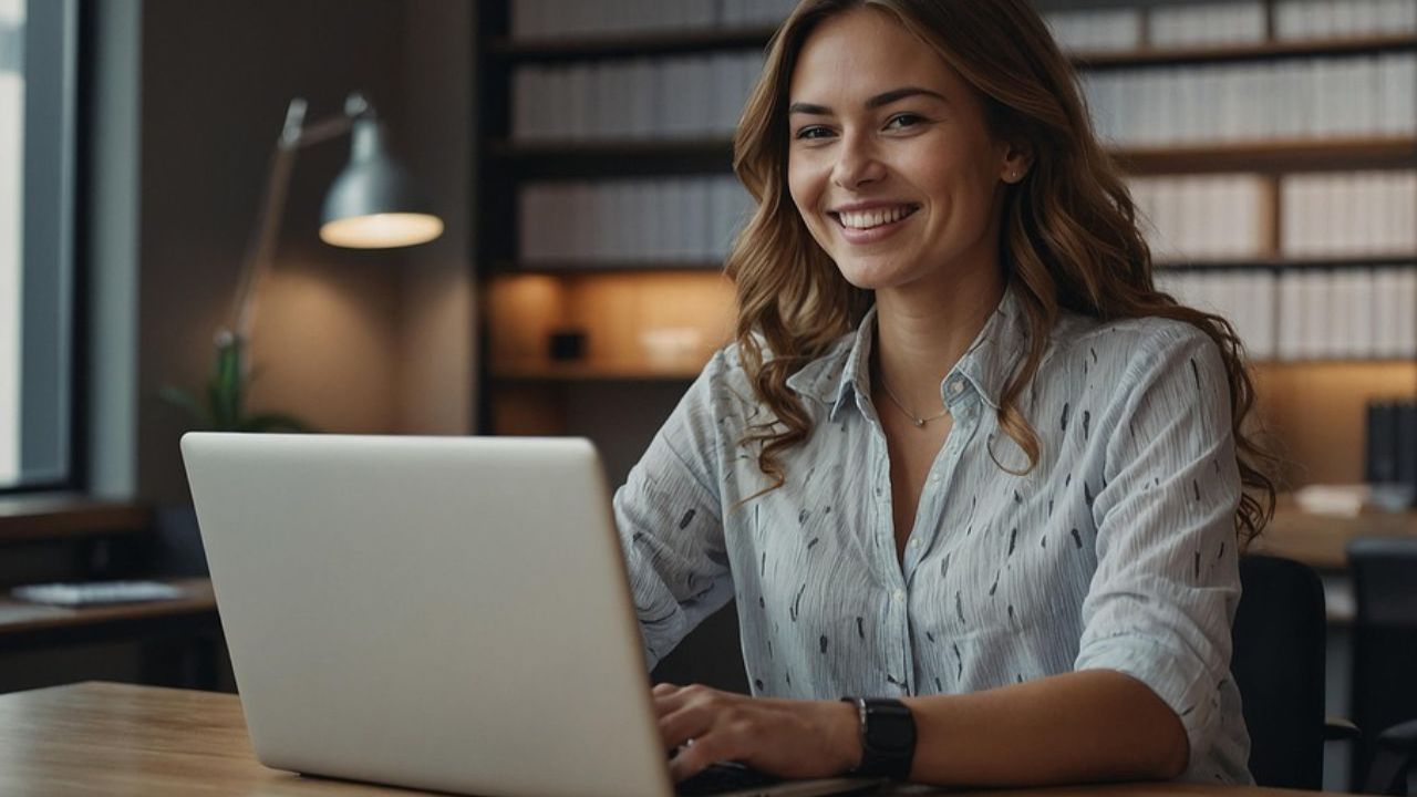 Smiling woman researching travel options on a laptop, applying strategies for booking flexible travel plans in a modern office