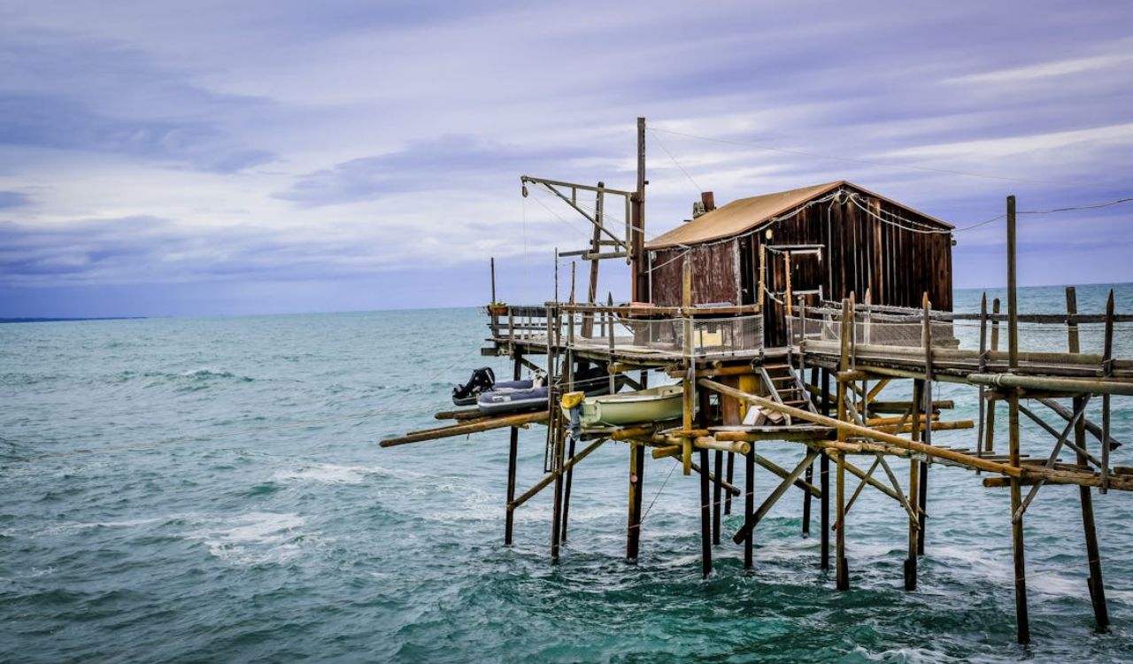 Traditional trabocco fishing hut on stilts over the Adriatic Sea in Abruzzo, Italy