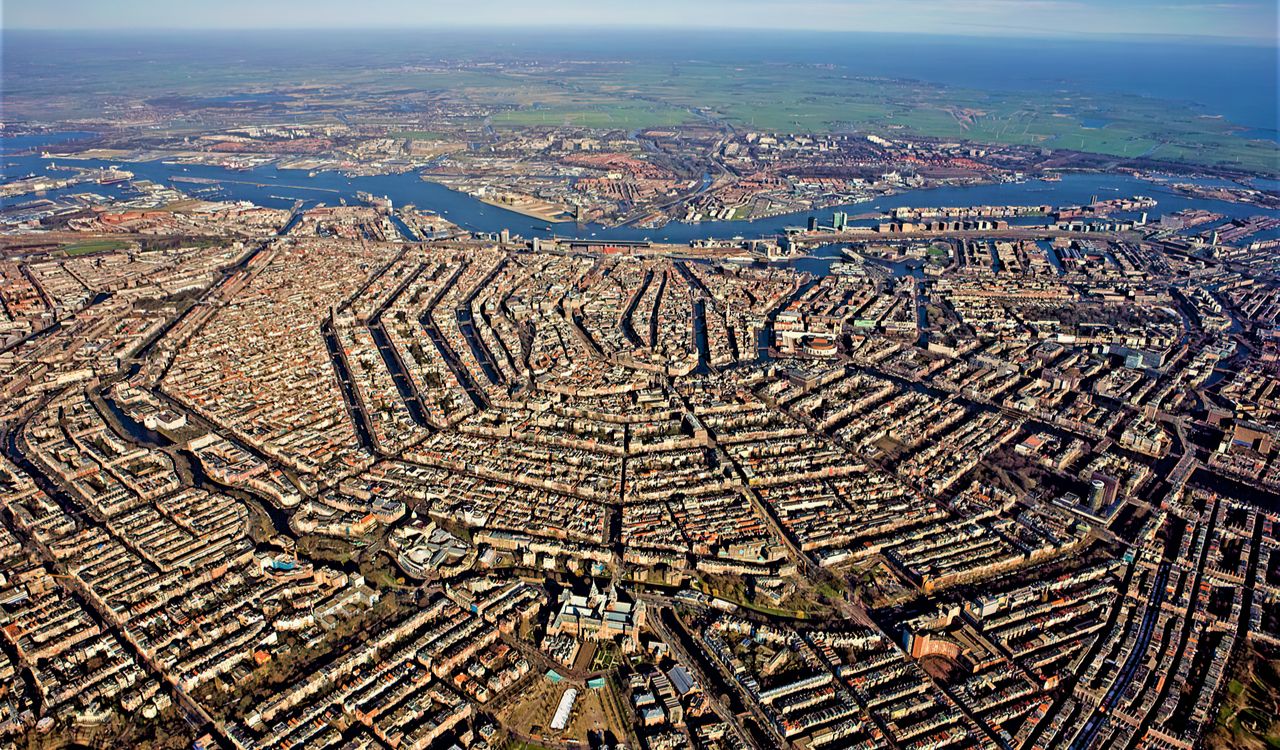 Aerial view of Amsterdam’s canal ring and historic city layout