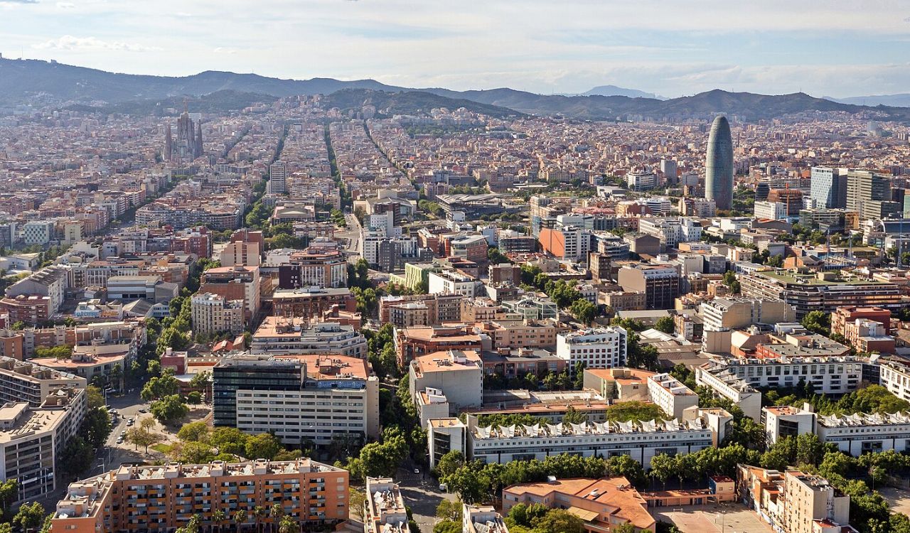 Aerial view of Barcelona, Spain with Sagrada FamÃlia and city skyline