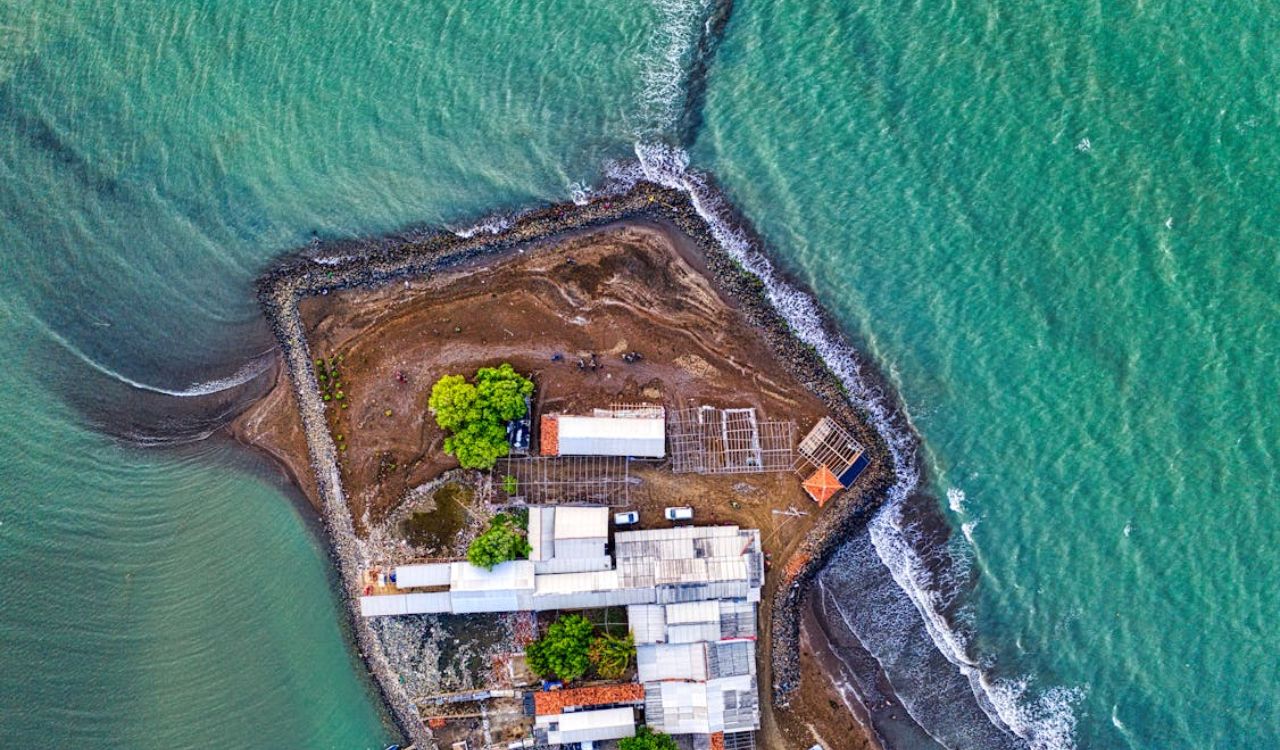 Aerial view of a beachside compound