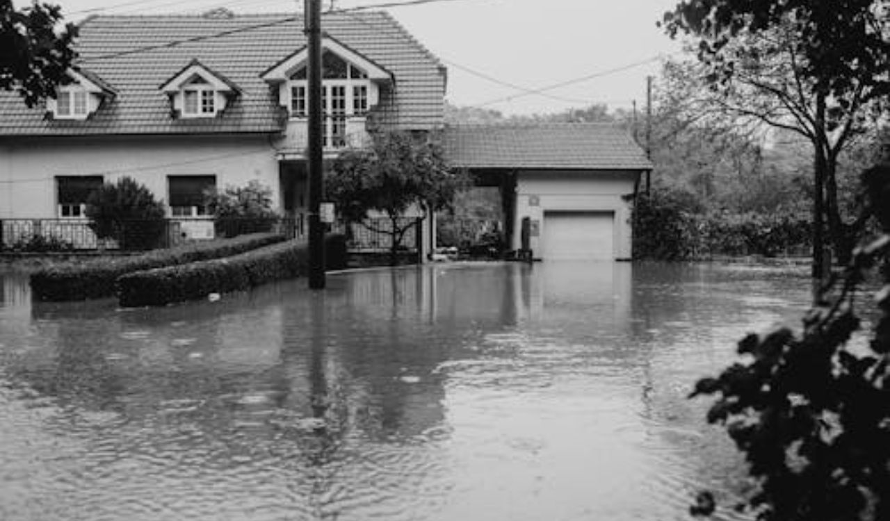 Flooded residential area with submerged street