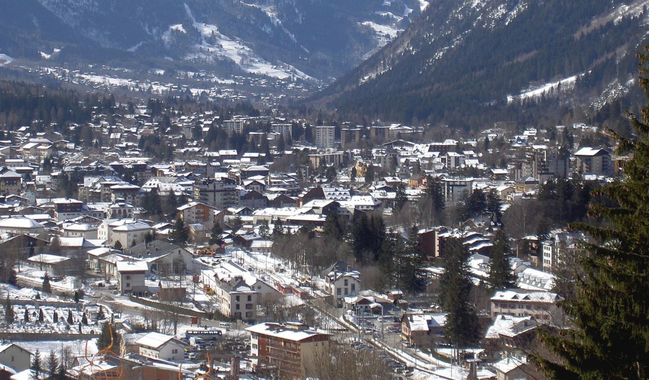 Snow-covered alpine town of Chamonix, France nestled in the French Alps