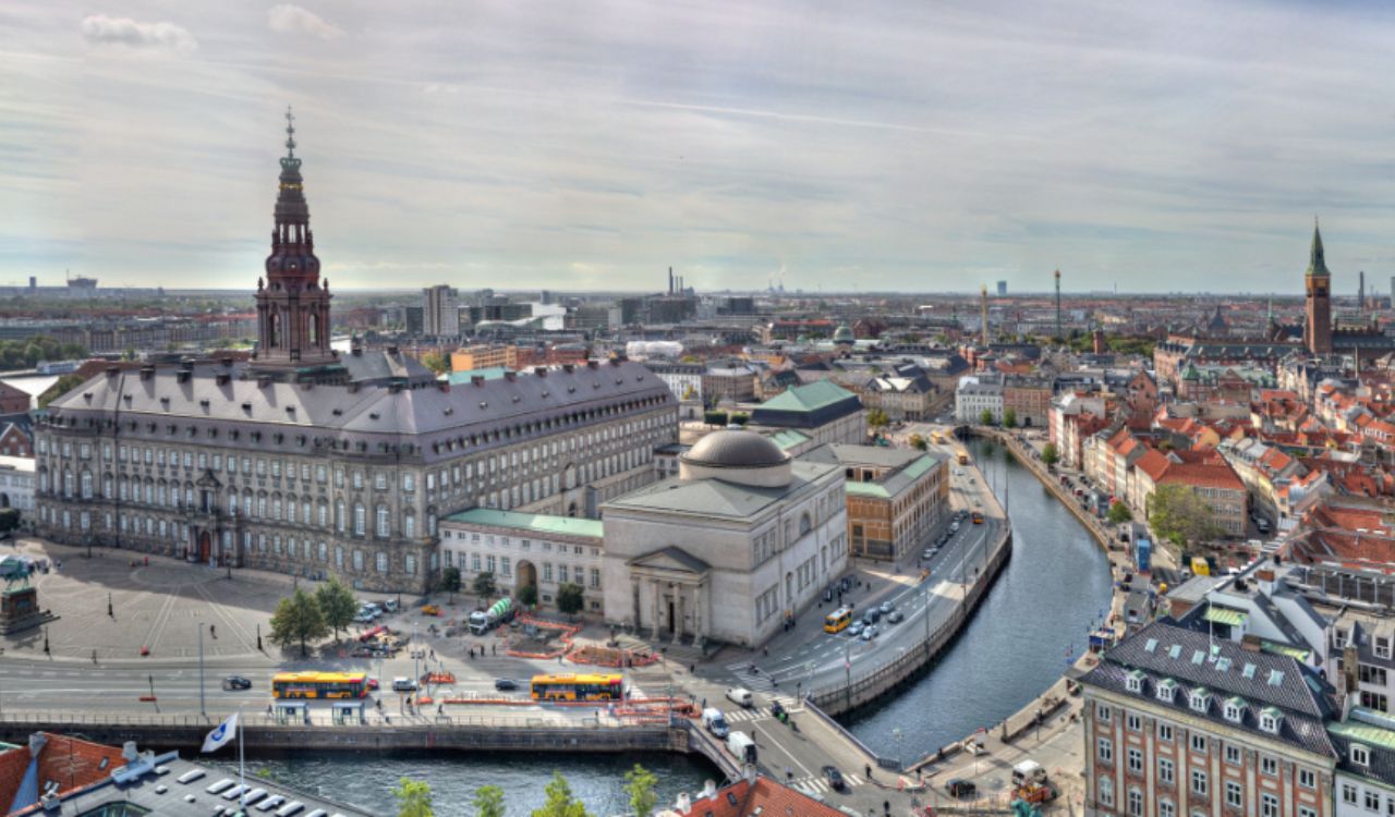 Aerial view of Copenhagen, Denmark with Christiansborg Palace and city canal