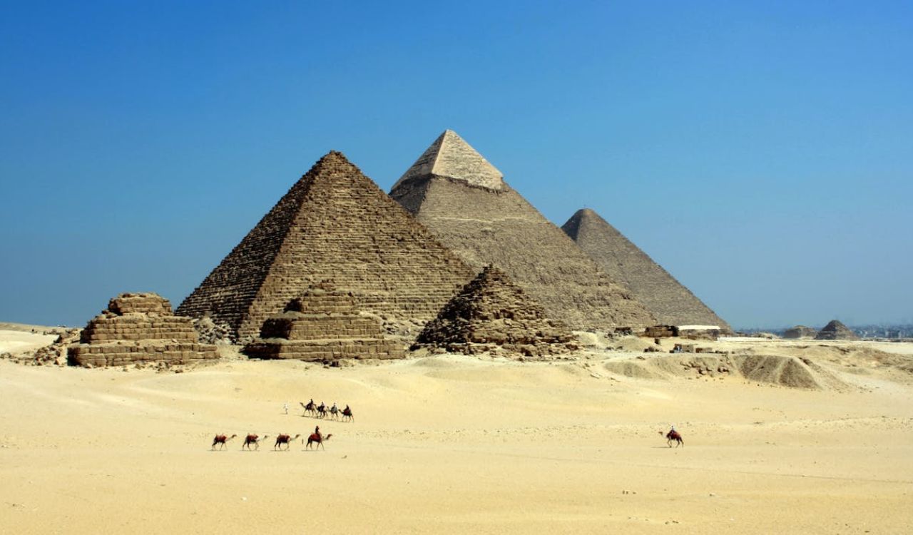 Camels near the Great Pyramids of Giza in the Egyptian desert