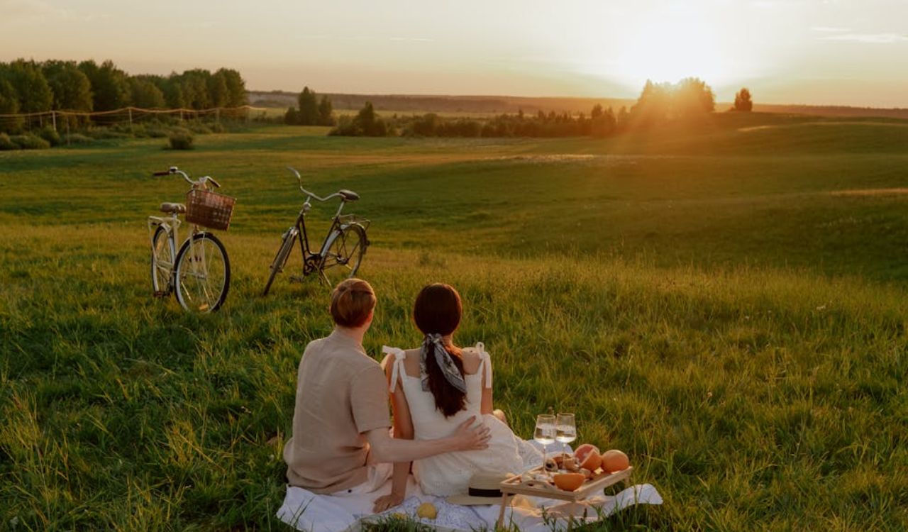 Couple enjoys a picnic while watching the sunset in a grassy field.