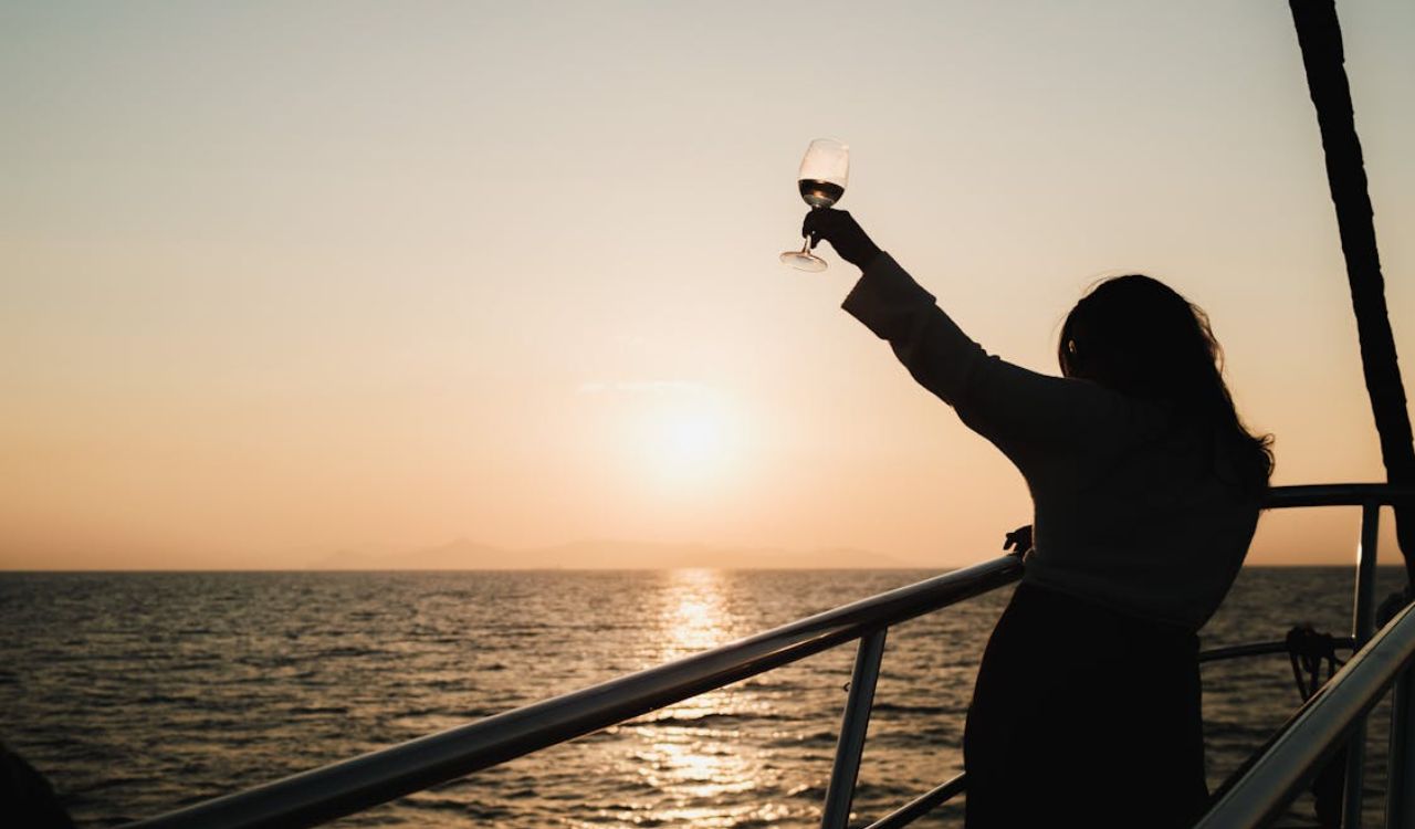 Sail at sunset with wine, bliss