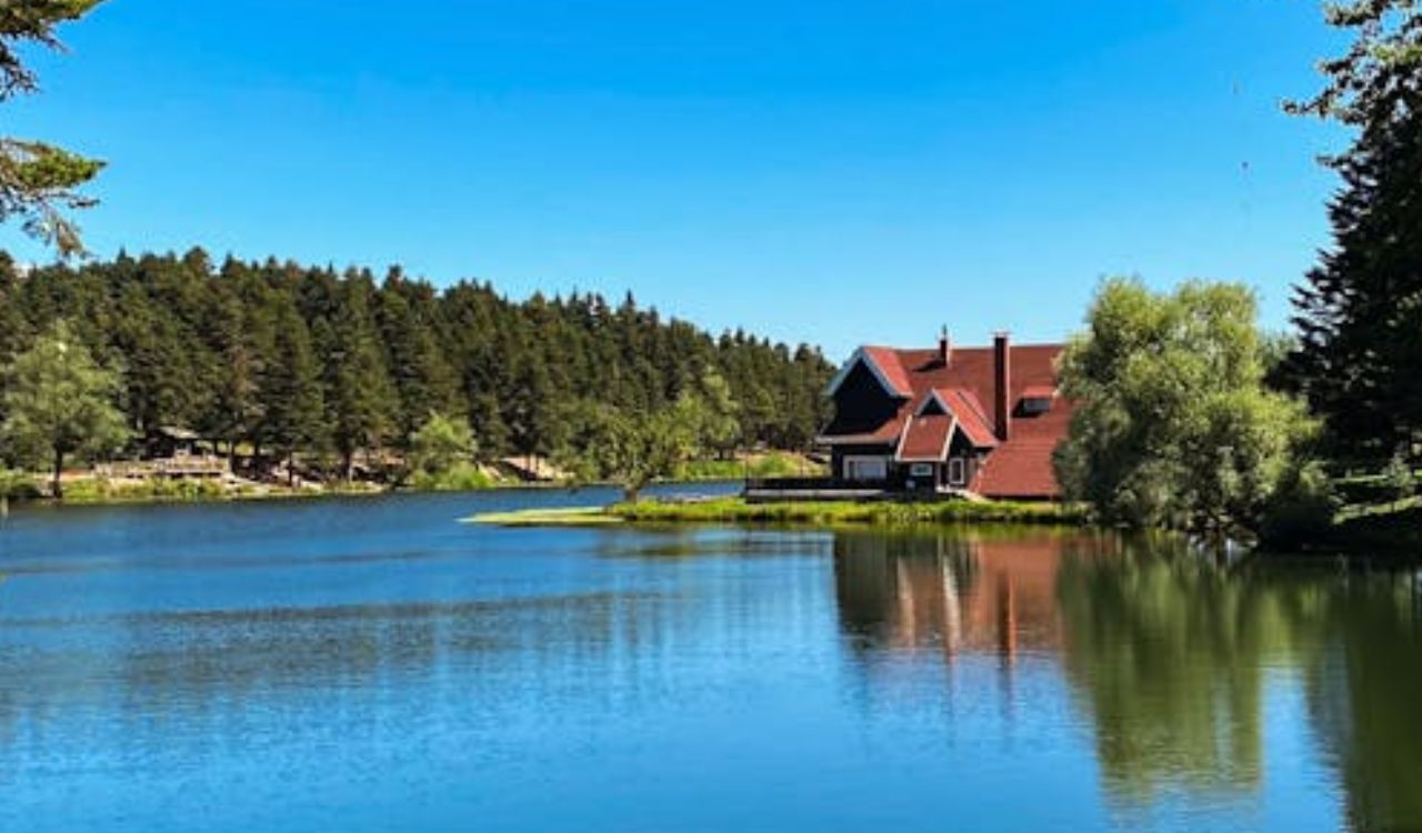 Charming red-roof cabin on a calm lake surrounded by lush forest