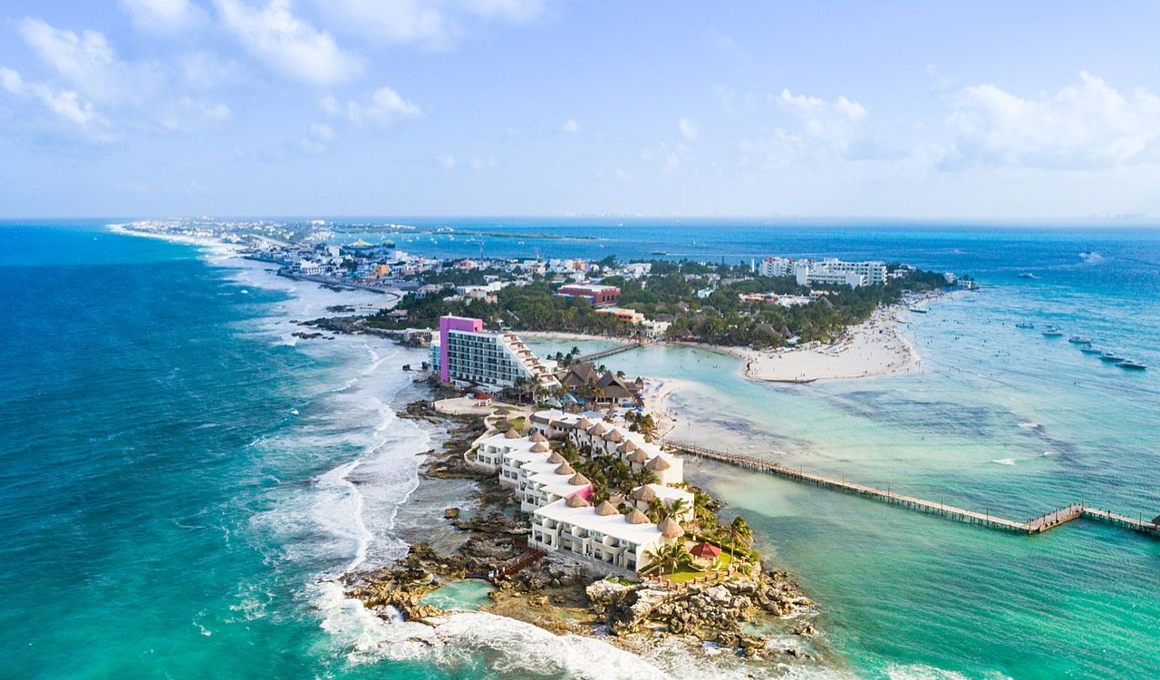 Aerial view of Isla Mujeres with white sands and turquoise waters