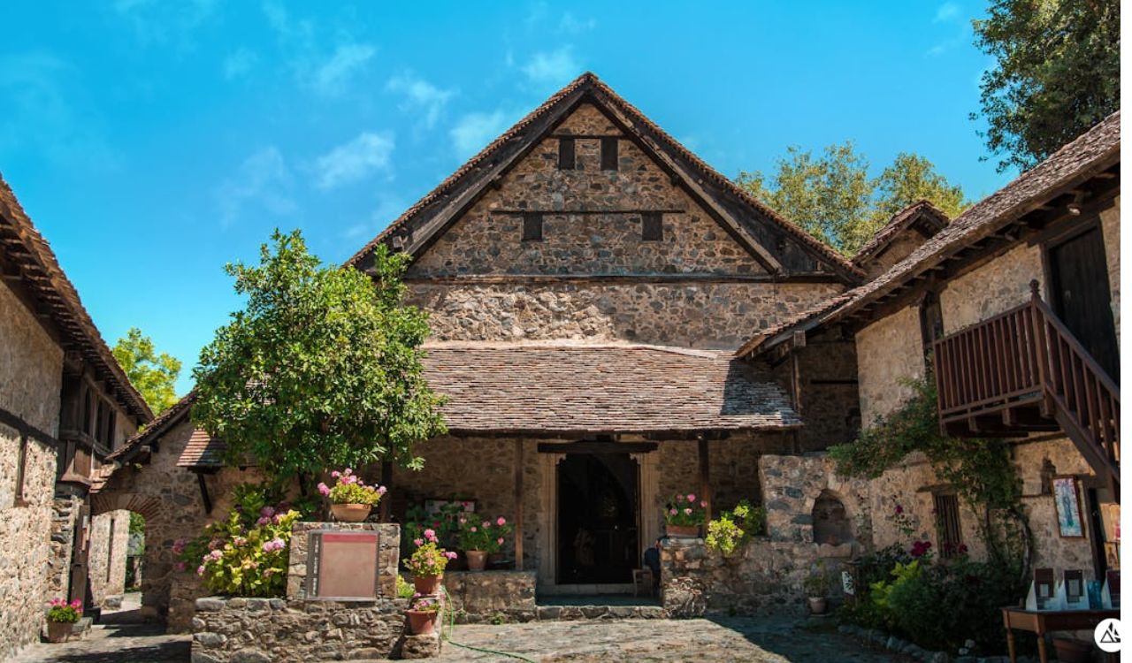Stone courtyard of Agios Ioannis Lampadistis Monastery in Kalopanayiotis, Troodos Mountains, Cyprus