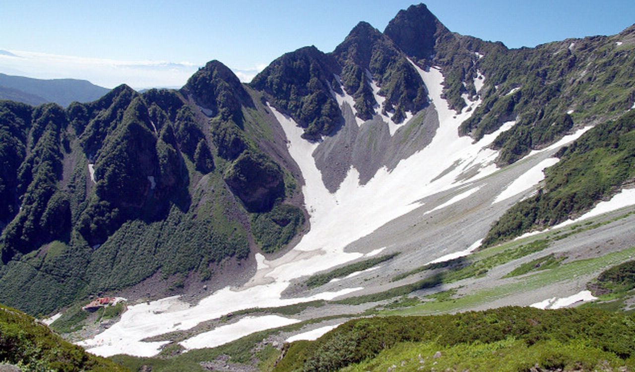 Snowy mountain peaks with green slopes in Karukizawa, Japan