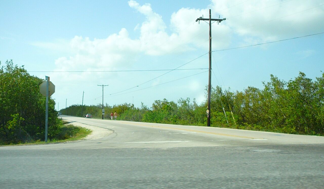 A quiet road curving through Little Torch Key, lined with green shrubs and utility poles under a partly cloudy sky