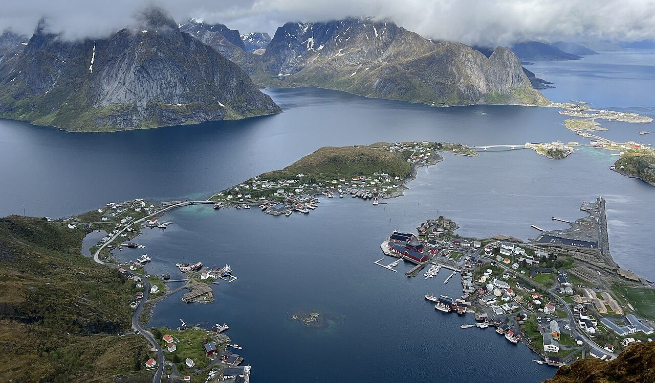 Aerial view of Lofoten Islands in Norway with coastal villages and dramatic fjords