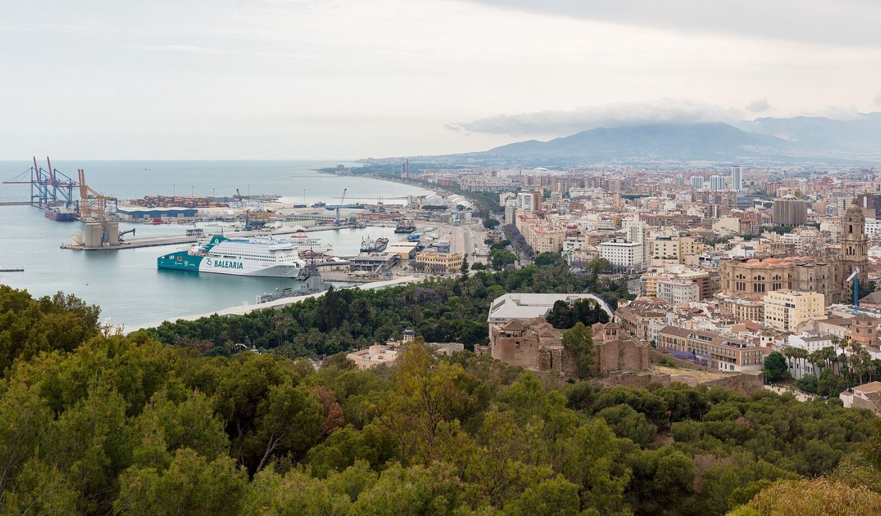 Panoramic view of Málaga, Spain with port, cathedral, and coastal skyline