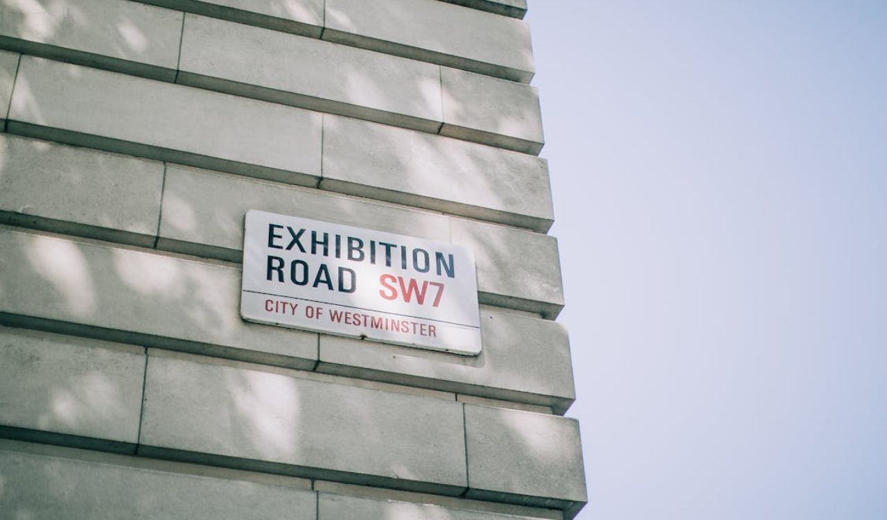 Street sign for Exhibition Road SW7 in the City of Westminster, London