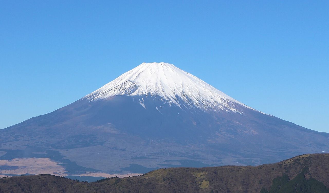 Clear view of the snow-capped Mount Fuji against a blue sky