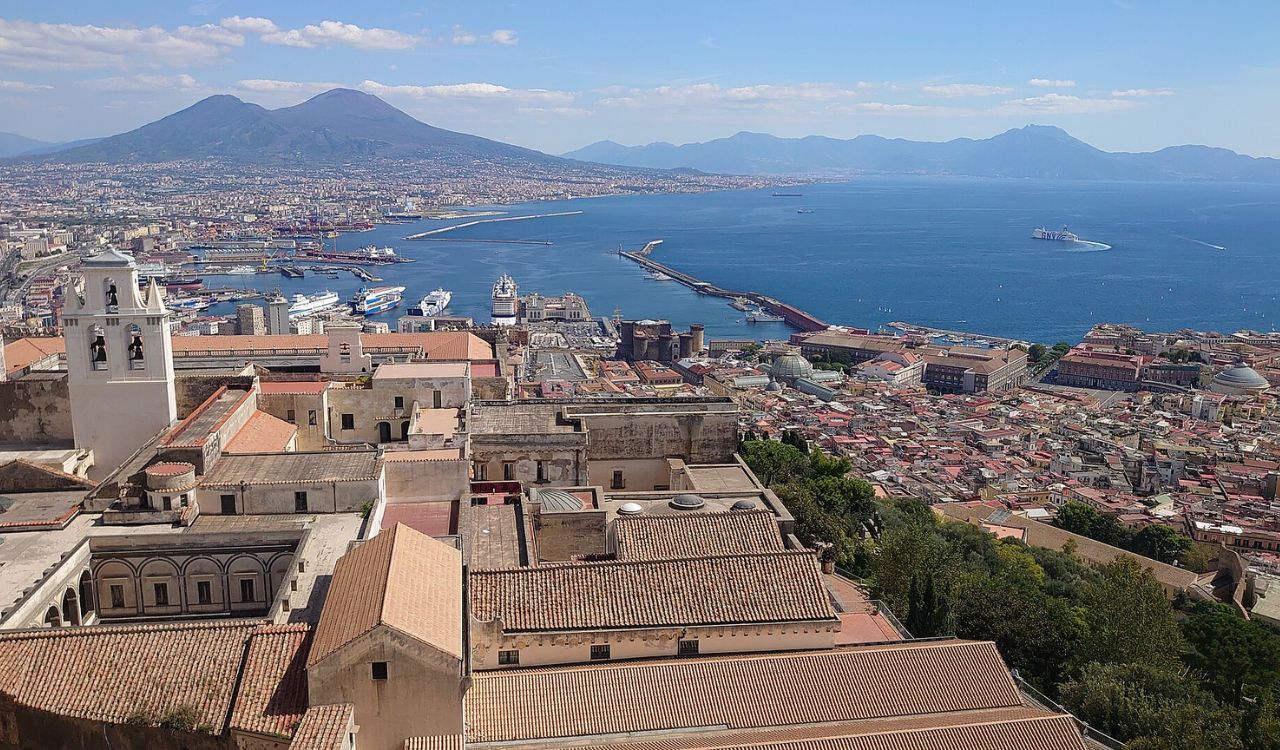 Panoramic view of Naples, Italy with Mount Vesuvius and Bay of Naples