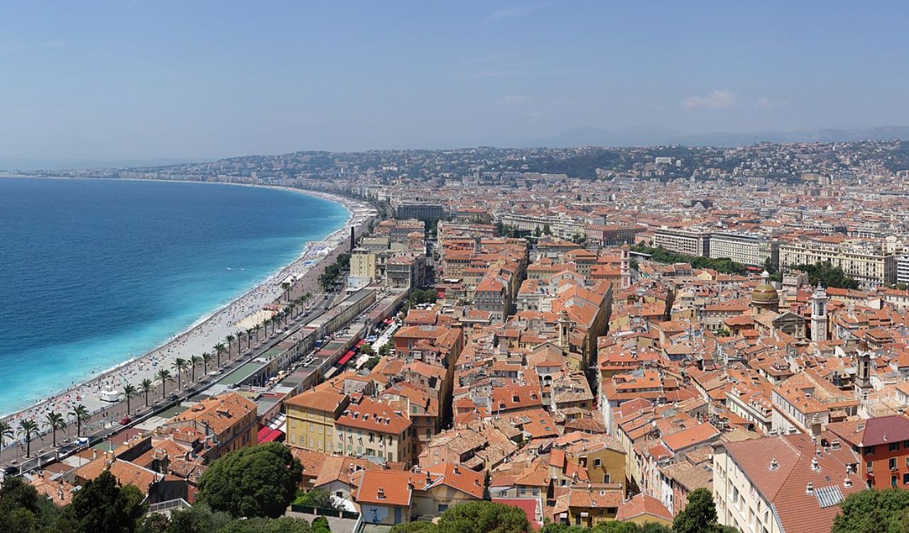 Aerial view of Nice, France with Promenade des Anglais and Mediterranean coast