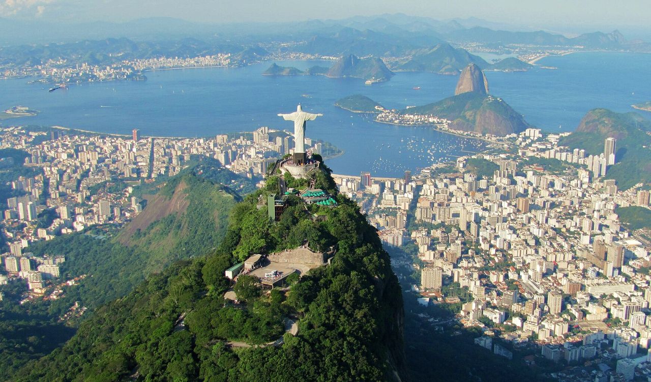 Aerial view of Christ the Redeemer overlooking Rio de Janeiro and Guanabara Bay