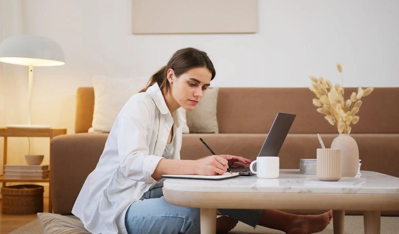 Woman working on a laptop and writing notes at a coffee table