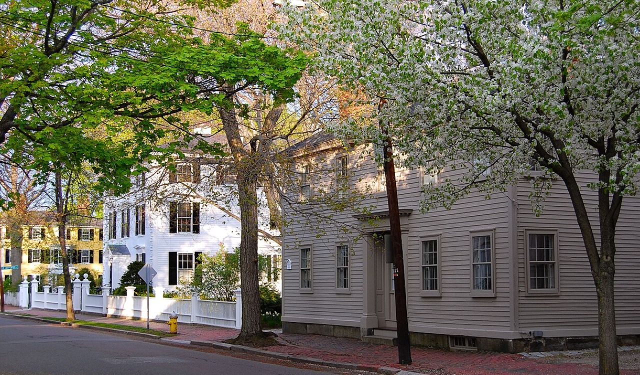 Historic buildings on a spring street in Salem, Massachusetts.









