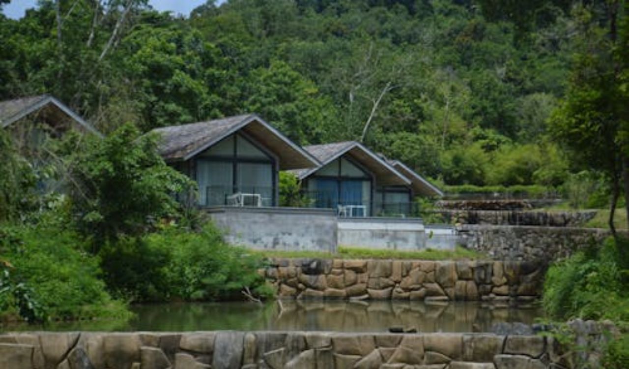 Modern cabins nestled by a peaceful forest stream