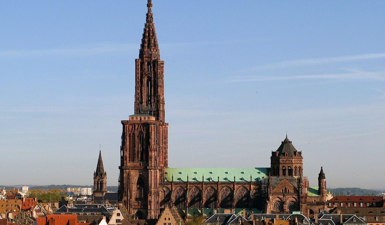 Strasbourg Cathedral in France with Gothic architecture and city rooftops