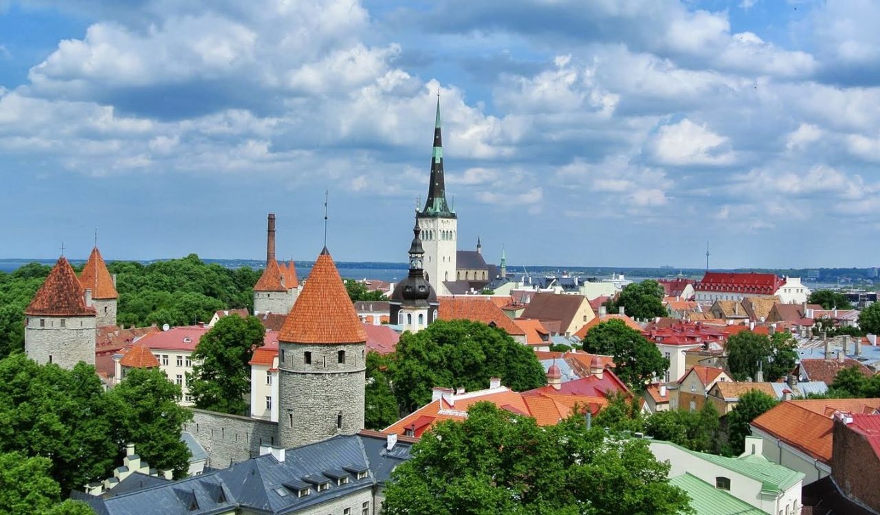 Scenic view of Tallinn, Estonia with medieval towers and church spire