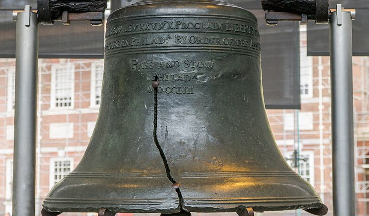 The Liberty Bell in Philadelphia with its iconic crack and inscription