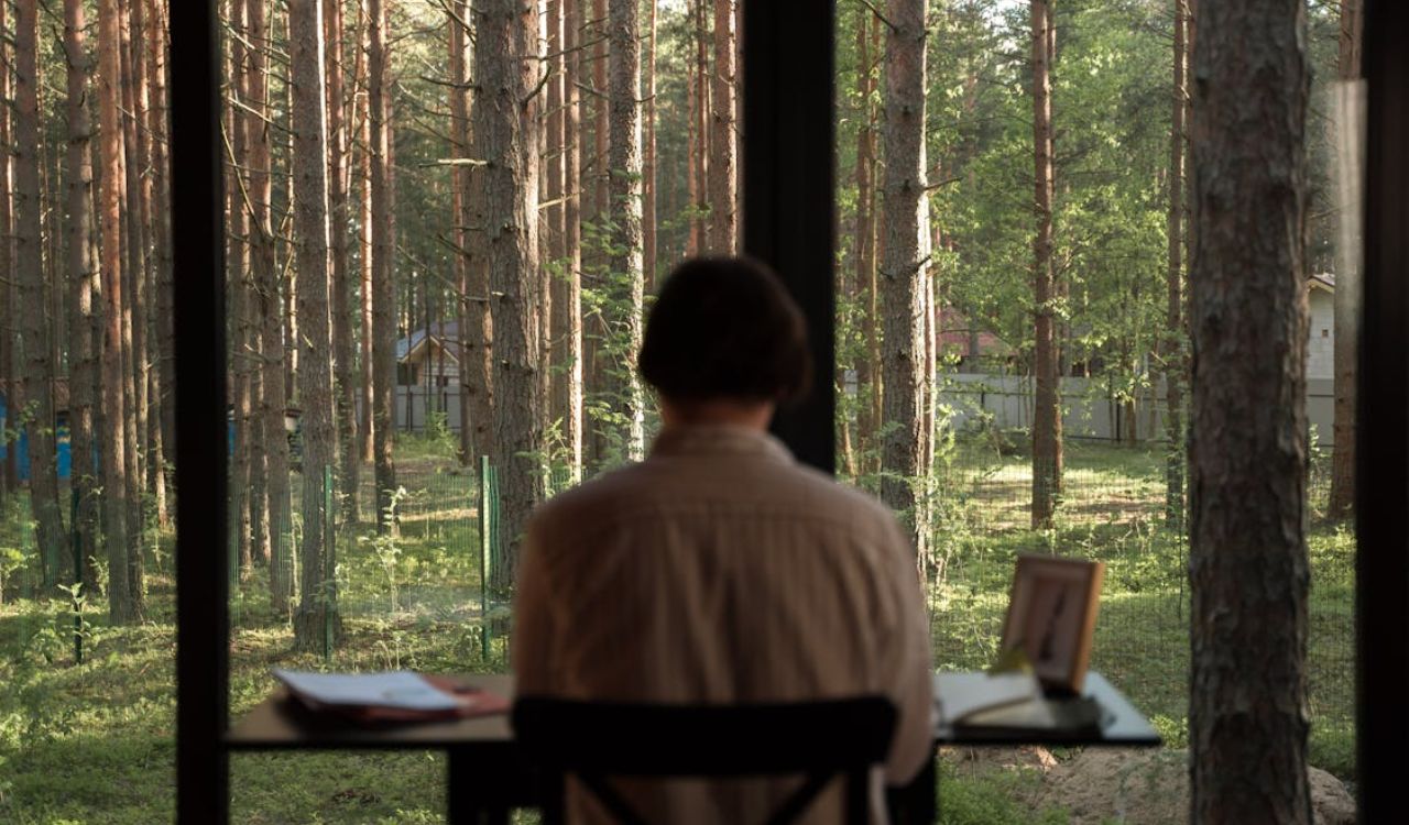 Person sitting at a desk, looking out at a forest through large windows