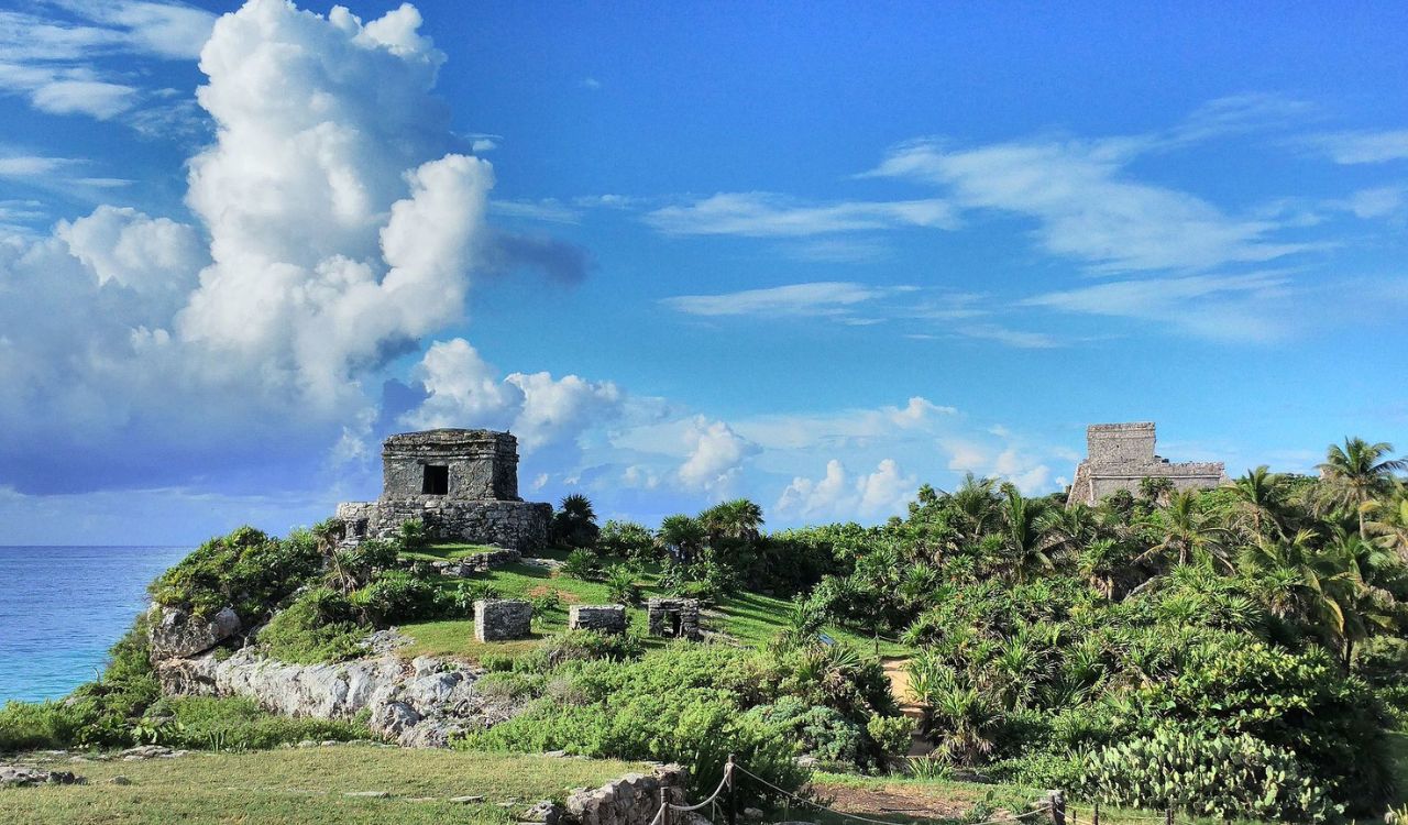 Ancient Mayan ruins overlook the turquoise sea in scenic Tulum, Mexico