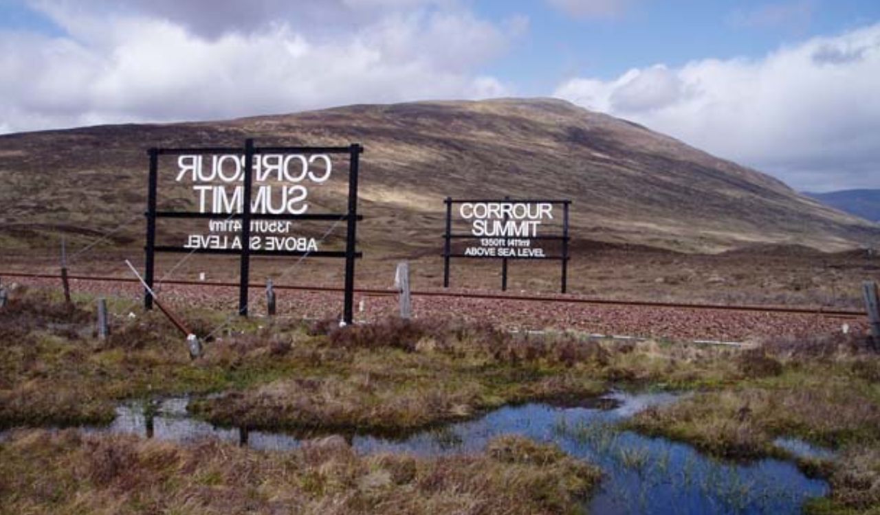 Corrour Summit sign on Scotland’s West Highland Line moor