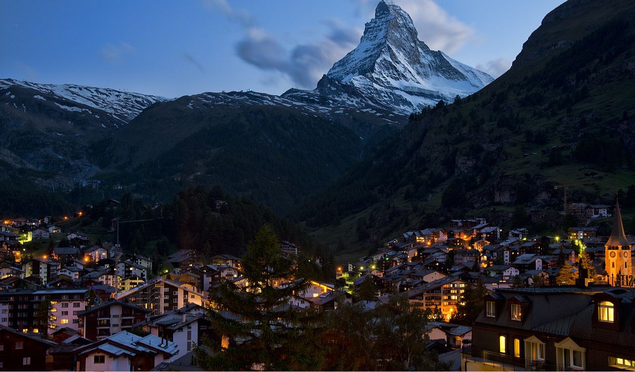 Evening view of Zermatt village with the Matterhorn mountain in Switzerland