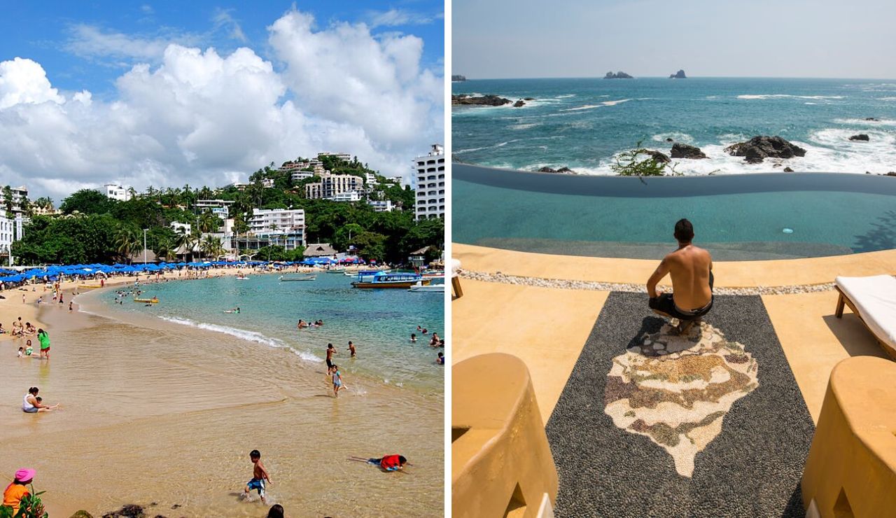 Side-by-side view of Acapulco (left) showing a busy beach with families and high-rise hotels, and Zihuatanejo (right) with a person relaxing by an infinity pool overlooking a rocky, serene ocean view.