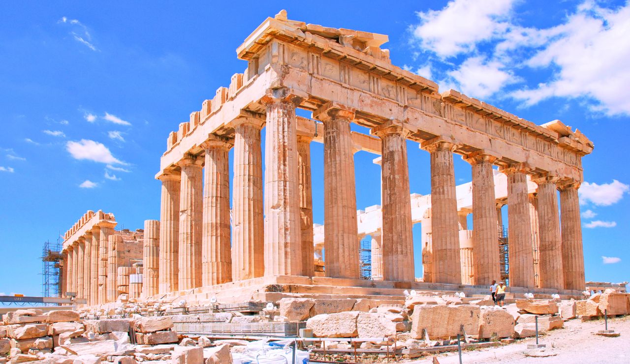 The Parthenon temple atop the Acropolis with a view over Athens