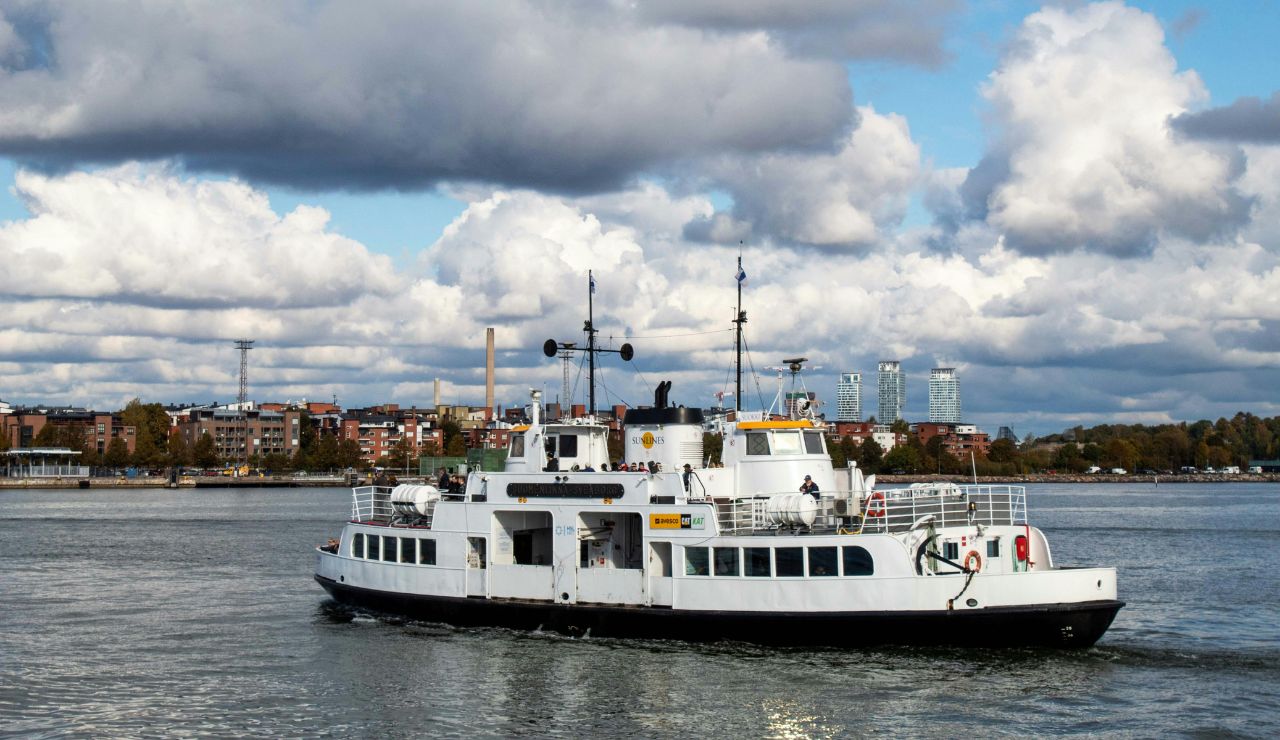 Tram traveling through the coastal area of Mariehamn, Ã…land Islands