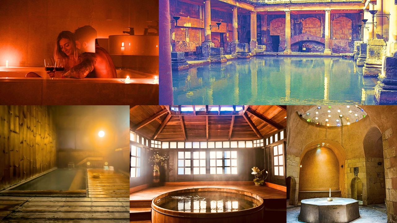 Collage of historic bathhouses around the world