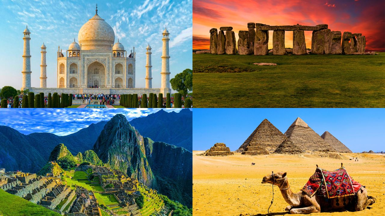 Collage of famous ancient wonders from around the world.